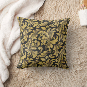Cojín Decorativo Patrón barroco floral dorado sobre fondo negro