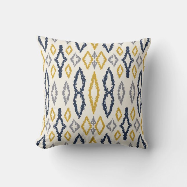 Cojín Decorativo Patrón blanco amarillo azul Ikat marroquí (Anverso)