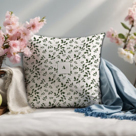 Cojín Decorativo Patrón blanco verde hojas monograma