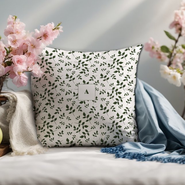 Cojín Decorativo Patrón blanco verde hojas monograma (Subido por el creador)