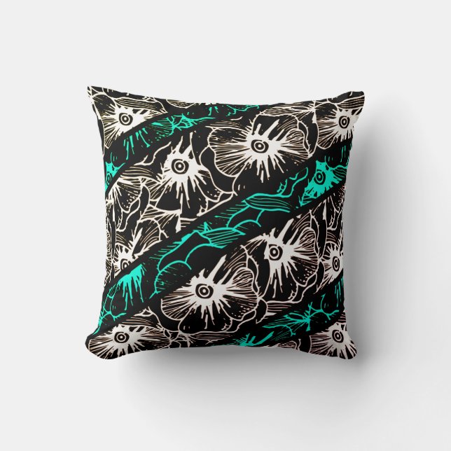 Cojín Decorativo Patrón blanco y negro de primavera floral (Anverso)