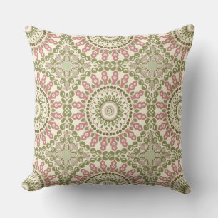 Cojín Decorativo Patrón Bohemio Antiguo Mandala Verde y Rosa