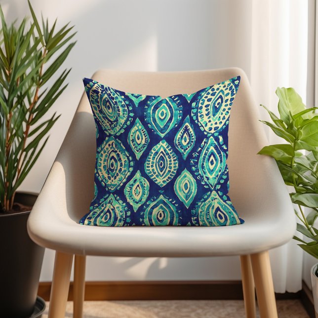 Cojín Decorativo Patrón bohemio azul turquesa (Blue Teal Turquoise Bohemian Pattern Throw Pillow)