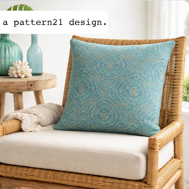 Cojín Decorativo patrón bohemio de blues (Teal mandala pillow brings relaxed island boho style to bright coastal living spaces.)