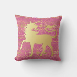 Cojín Decorativo Patrón bohemio dorado y rosa & Unicornio