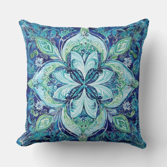 Cojín Decorativo Patrón bohemio verde esmeralda azul de la Marina M (Anverso)