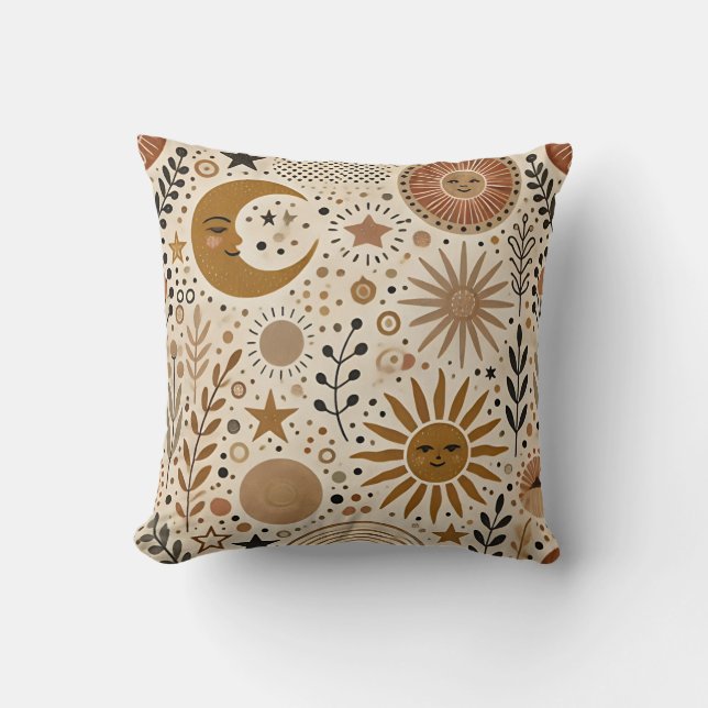 Cojín Decorativo Patrón Boho Celestial de Sol y Luna (Anverso)
