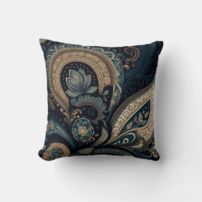 Cojín Decorativo Patrón Boho Moda Azul oscuro Paisley azul (Anverso)