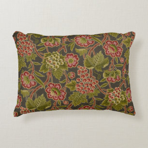 Cojín Decorativo Patrón Botánico Antiguo de Flores Rojas y Uvas