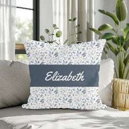 Cojín Decorativo Patrón Botánico Aquarela Azul con Nombre Personali