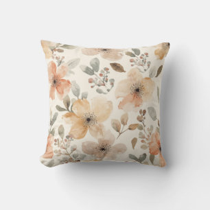 Cojín Decorativo Patrón Botánico de Acuarela Floral Melocotón Beige