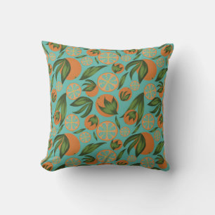 Cojín Decorativo Patrón Botánico de Acuarela Naranja Turquesa