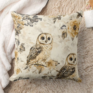 Cojín Decorativo Patrón Botánico de Bosque de Búhos Beige Vintage