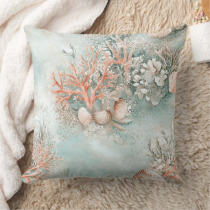 Cojín Decorativo Patrón Botánico de Concha de Océano Aqua Suave
