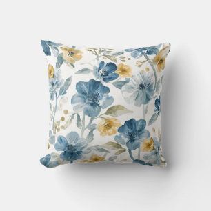 Cojín Decorativo Patrón Botánico de Flores de Jardín Amarillo Azul