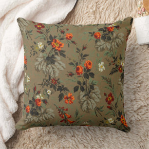Cojín Decorativo Patrón Botánico de Rosa Naranja Floral Oscuro Vint
