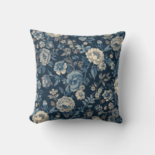 Cojín Decorativo Patrón Botánico Floral Vintage Azul Marino