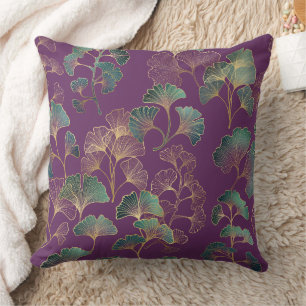 Cojín Decorativo Patrón Botánico Japonés Ginkgo Dorado Púrpura