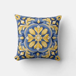 Cojín Decorativo Patrón Botánico Mediterráneo - Azul y Amarillo