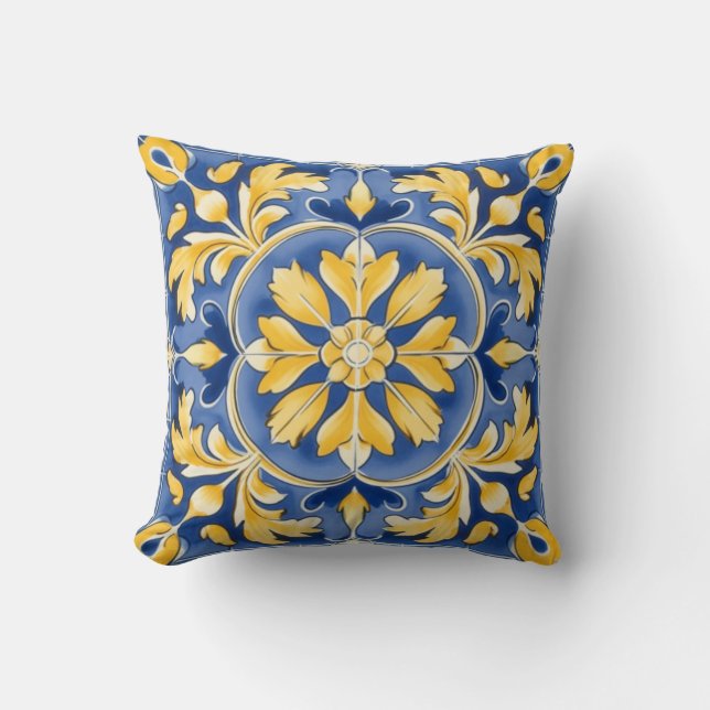 Cojín Decorativo Patrón Botánico Mediterráneo - Azul y Amarillo (Anverso)