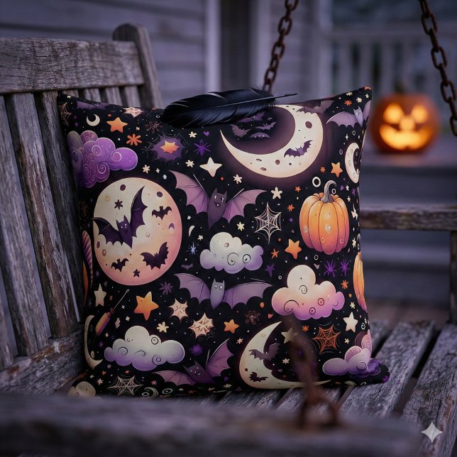 Cojín Decorativo Patrón caprichoso del cielo de la noche de Hallowe (Whimsical Halloween Night Sky Pattern Throw Pillow Mockup B)