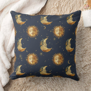 Cojín Decorativo Patrón Celestial de Sol y Luna Dorada Noche Estrel