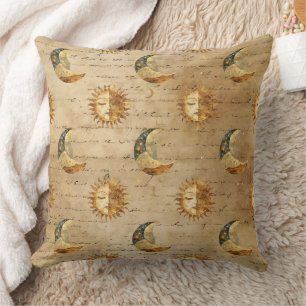 Cojín Decorativo Patrón Celestial de Sol y Luna Dorado Noche Estrel