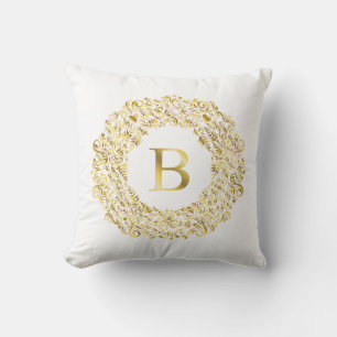 Cojín Decorativo Patrón clásico de Damask dorado B inicial