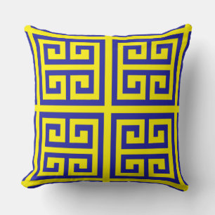 Cojín Decorativo Patrón Clave Griega Azul de Moda Sobre Amarillo