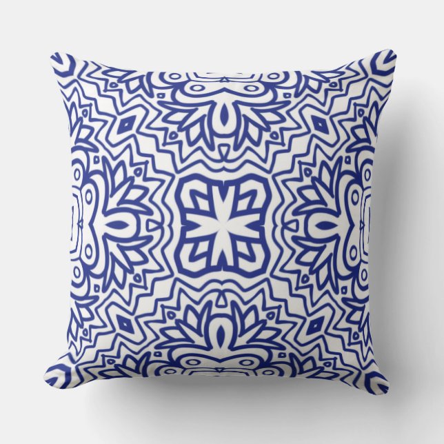 Cojín Decorativo Patrón con azul sobre blanco (Anverso)