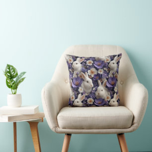 Cojín Decorativo Patrón con conejos blancos y flores púrpuras
