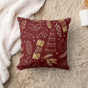 Cojín Decorativo Patrón Continuo de Reno de Navidad Rojo y Copos de