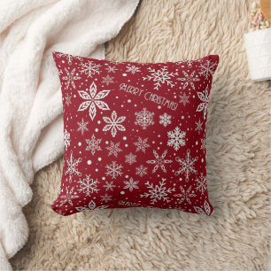 Cojín Decorativo Patrón continuo de Reno de Navidad Rojo y Copos de