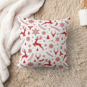 Cojín Decorativo Patrón continuo de Reno de Navidad Rojo y Copos de