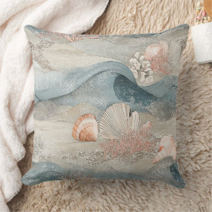 Cojín Decorativo Patrón Costero de Arrecife de Coral Aqua Oceánico