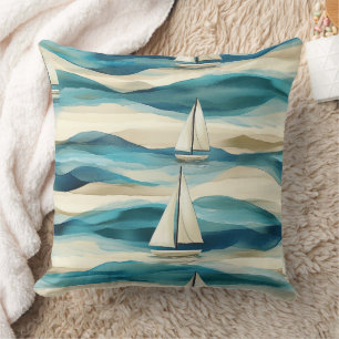 Cojín Decorativo Patrón costero marítimo de velero azul vintage