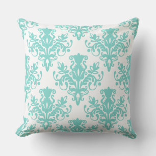 Cojín Decorativo Patrón Damask 02 - Aqua Blue en blanco