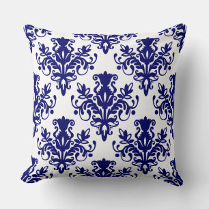 Cojín Decorativo Patrón Damask 02 - Azul marino profundo sobre blan