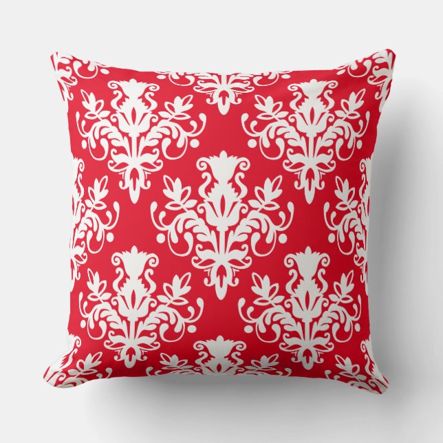 Cojín Decorativo Patrón Damask 02 - Blanco sobre rojo (Anverso)