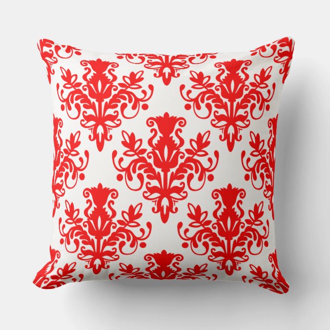 Cojín Decorativo Patrón Damask 02 - Rojo sobre blanco (Anverso)