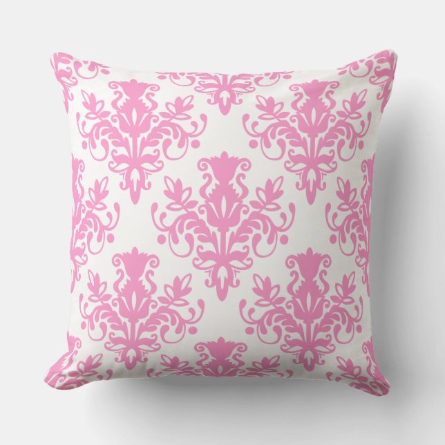 Cojín Decorativo Patrón Damask 02 - Rosa en blanco (Anverso)