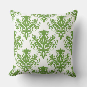 Cojín Decorativo Patrón Damask 02 - Verde Aguacate sobre Blanco