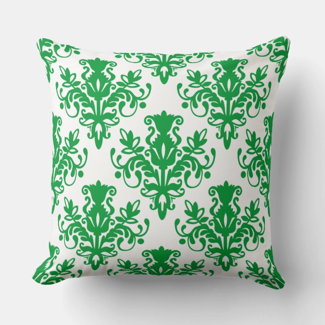 Cojín Decorativo Patrón Damask 02 - Verde de hierba sobre blanco (Anverso)