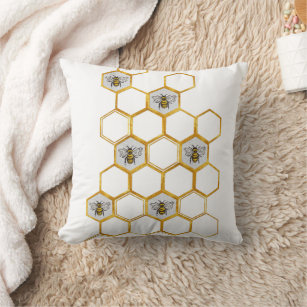 Cojín Decorativo Patrón de abejas reina en hexagones de abeja dorad
