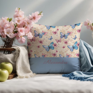 Cojín Decorativo Patrón de acento de mariposa azul rosa acuarela