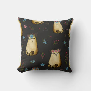 Cojín Decorativo Patrón de acuarela de las flores de gatos cúrcules