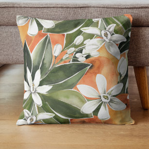 Cojín Decorativo Patrón de acuarela de Naranja tropical y flores