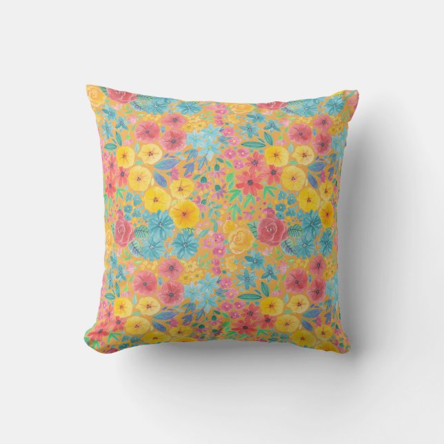 Cojín Decorativo Patrón de acuarela floral en amarillo (Anverso)