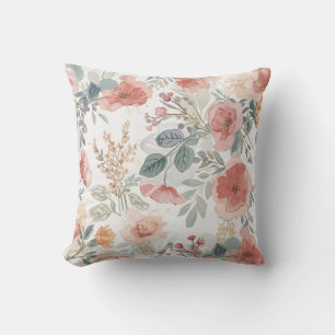 Cojín Decorativo Patrón de Acuarela Floral Jardín Coral Rubor