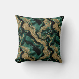 Cojín Decorativo Patrón de Ágata Brillante Verde y Dorado Elegante